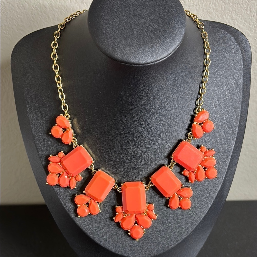 Kate Spade Daylight Jewels Coral Orange Statement Gold Tone Necklace Signed​​
